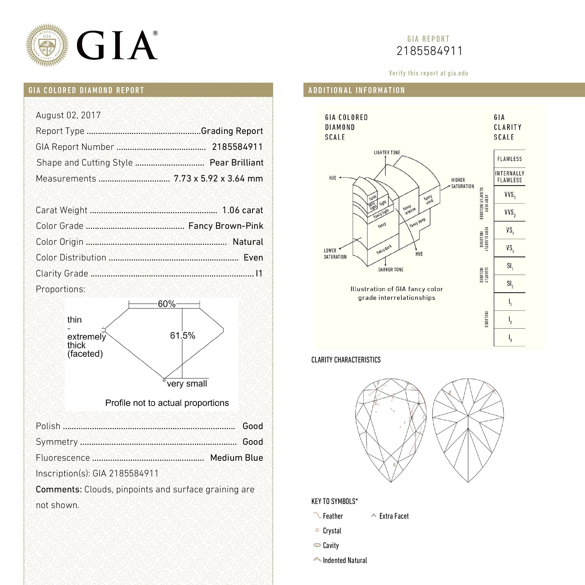 1.06ct 7.73x5.92x3.64mm Argyle GIA I1 Fancy Brown Pink Pear Brilliant 18562-01 HOLD D1922