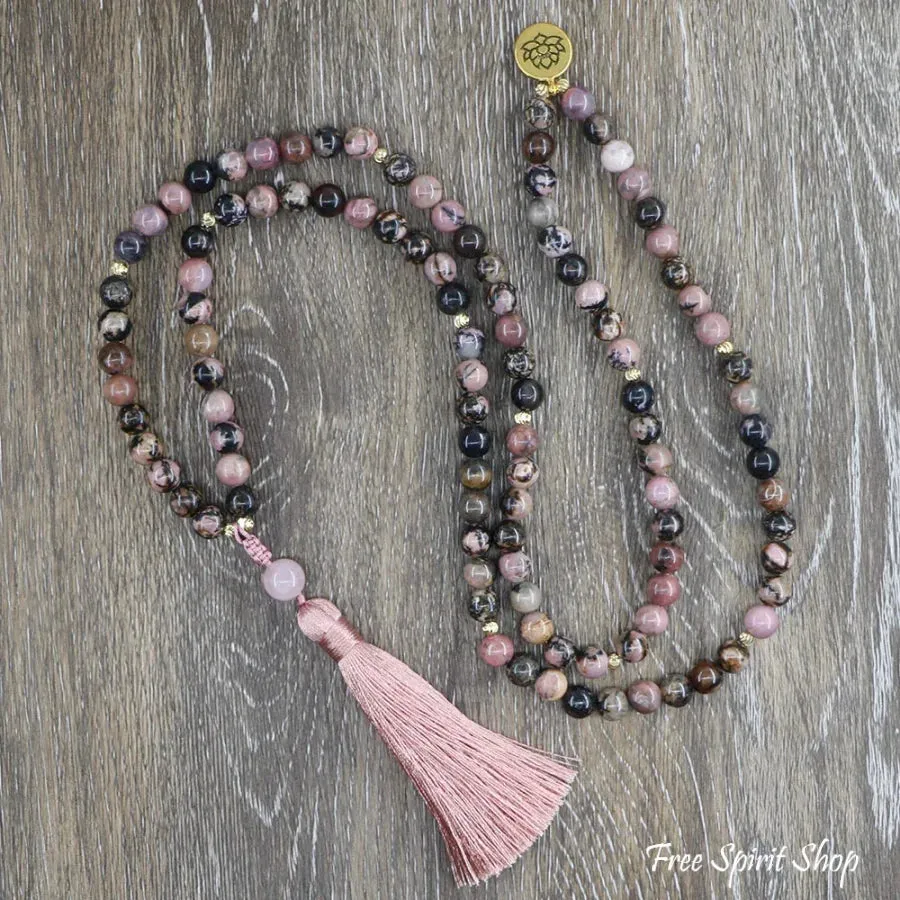 108 Pink & Black Rhodochrosite & Pink Tassel Mala Bead Necklace