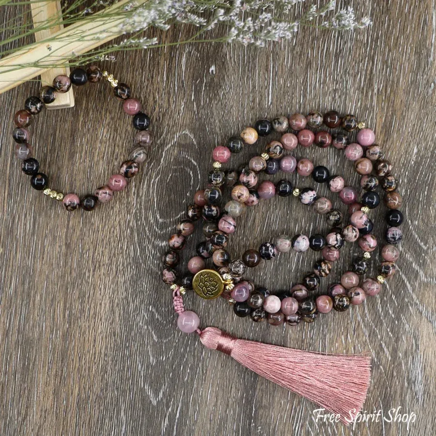 108 Pink & Black Rhodochrosite & Pink Tassel Mala Bead Necklace