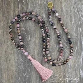 108 Pink & Black Rhodochrosite & Pink Tassel Mala Bead Necklace