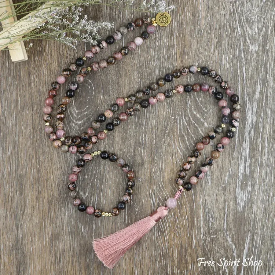 108 Pink & Black Rhodochrosite & Pink Tassel Mala Bead Necklace