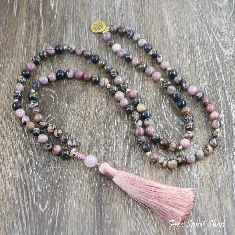 108 Pink & Black Rhodochrosite & Pink Tassel Mala Bead Necklace