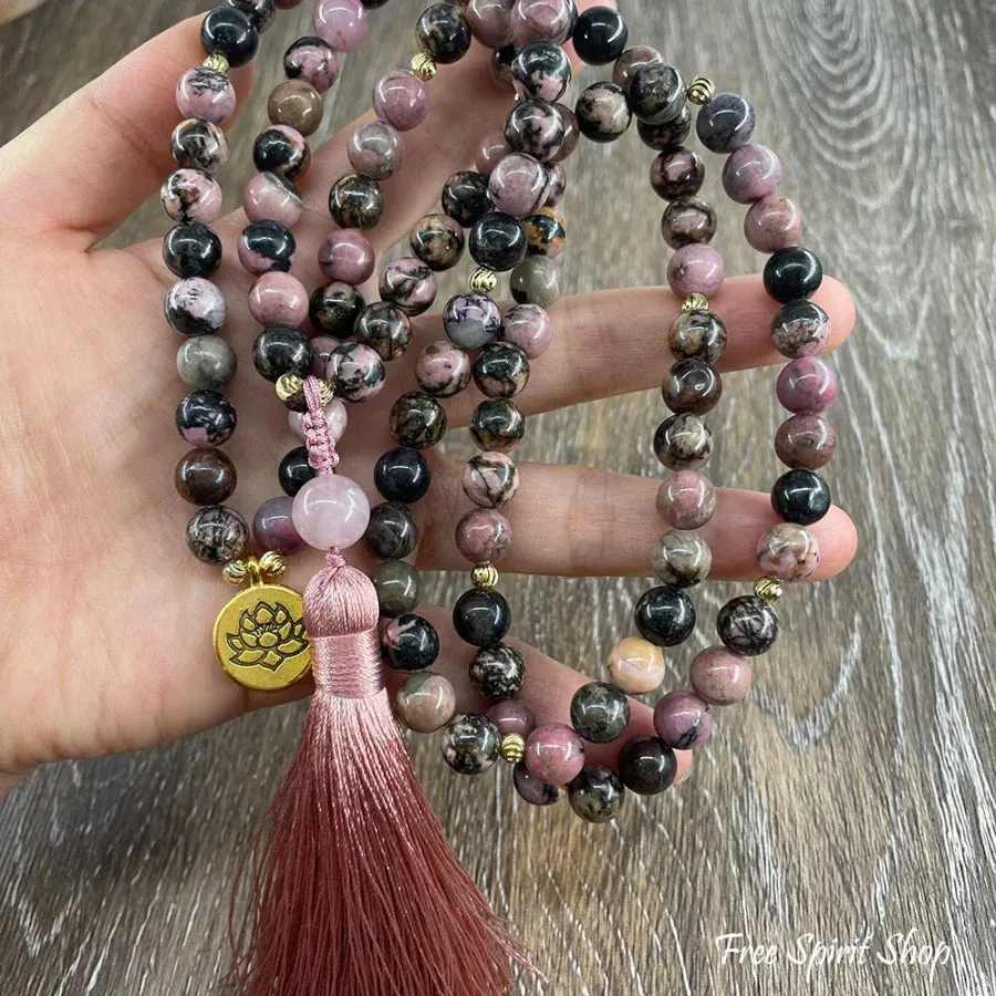 108 Pink & Black Rhodochrosite & Pink Tassel Mala Bead Necklace