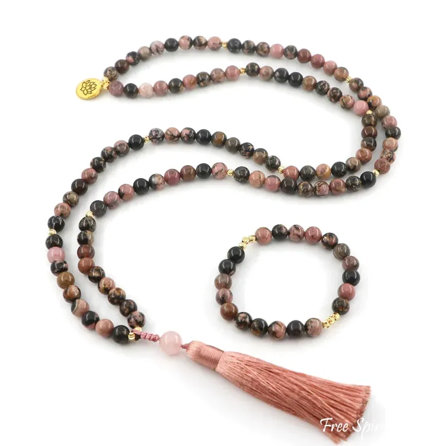 108 Pink & Black Rhodochrosite & Pink Tassel Mala Bead Necklace