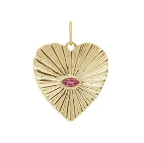 10K Gold Large Textured Heart Pendant with Marquise Faceted Dark Pink Tourmaline Center