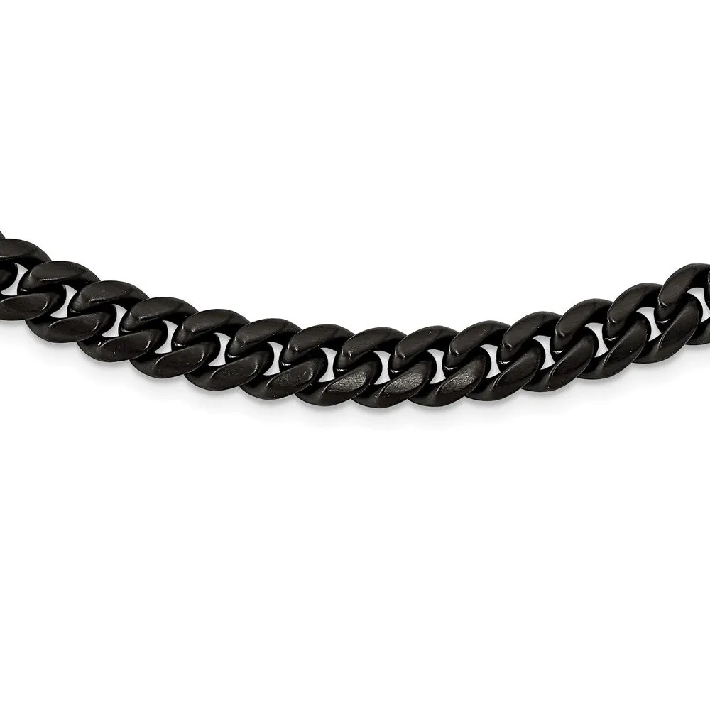 10mm Black Plated Stainless Steel Brushed Curb Chain Necklace, 24 Inch