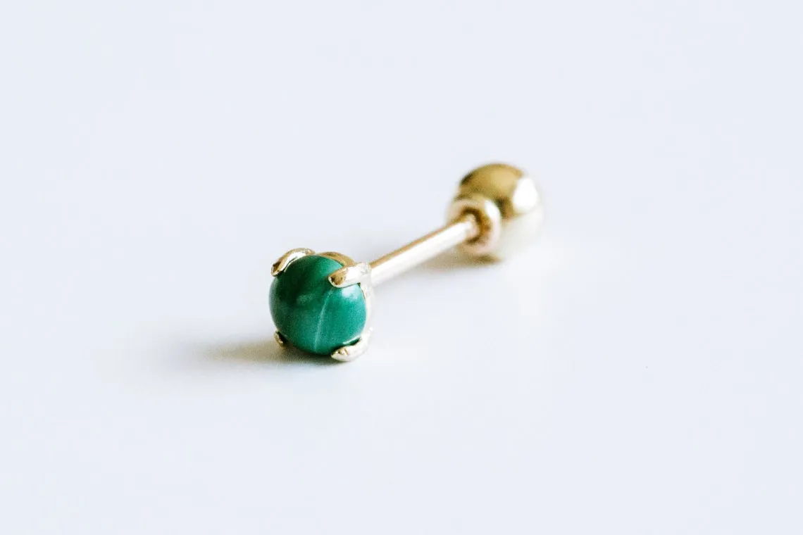 14k Gold Sky Green Gemstone Barbell Ear Stud Piercing