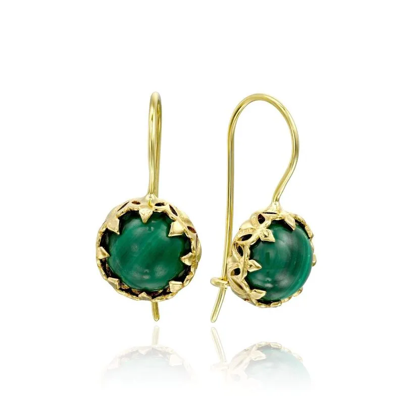 14K Yellow Gold Round Dark Green Malachite 8mm Dangle Decorate Earrings