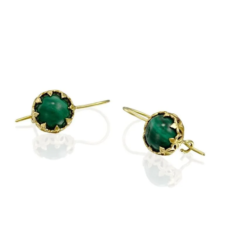 14K Yellow Gold Round Dark Green Malachite 8mm Dangle Decorate Earrings