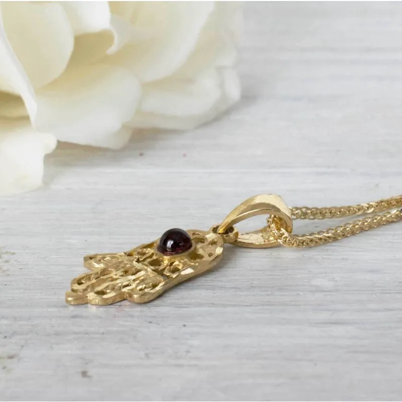 14K Yellow Gold Round Hamsa With Red Garnet 3mm Pendant