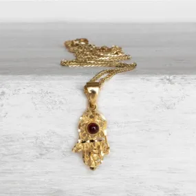 14K Yellow Gold Round Hamsa With Red Garnet 3mm Pendant