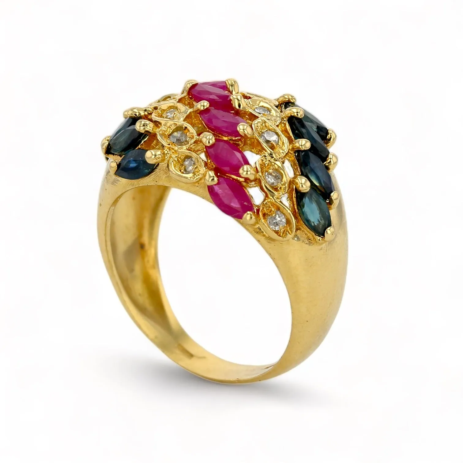 18K yellow gold cocktail ruby blue sapphire and diamond ring-9078