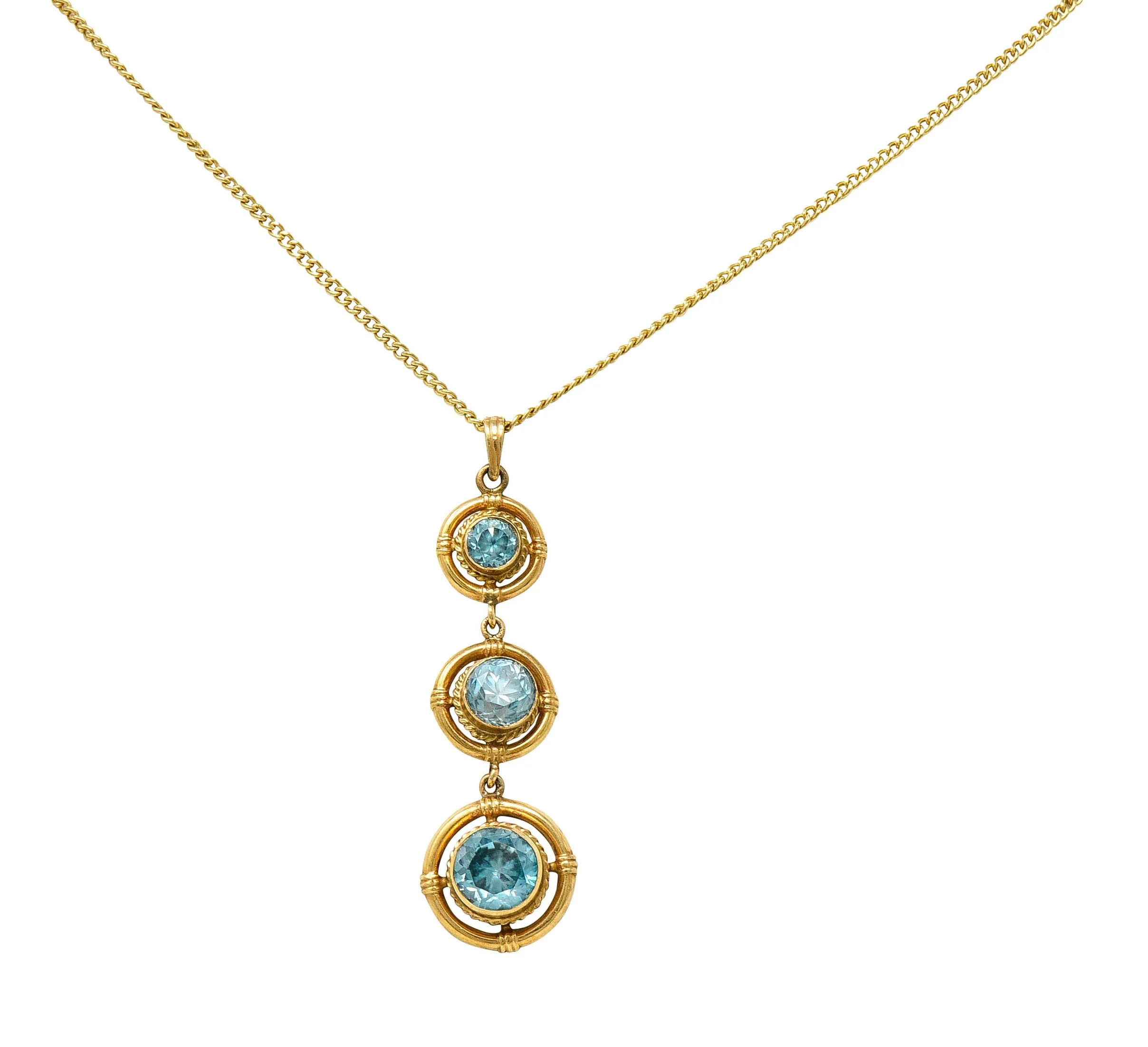 1930's Art Deco Blue Zircon 10 Karat Gold Drop Pendant Necklace