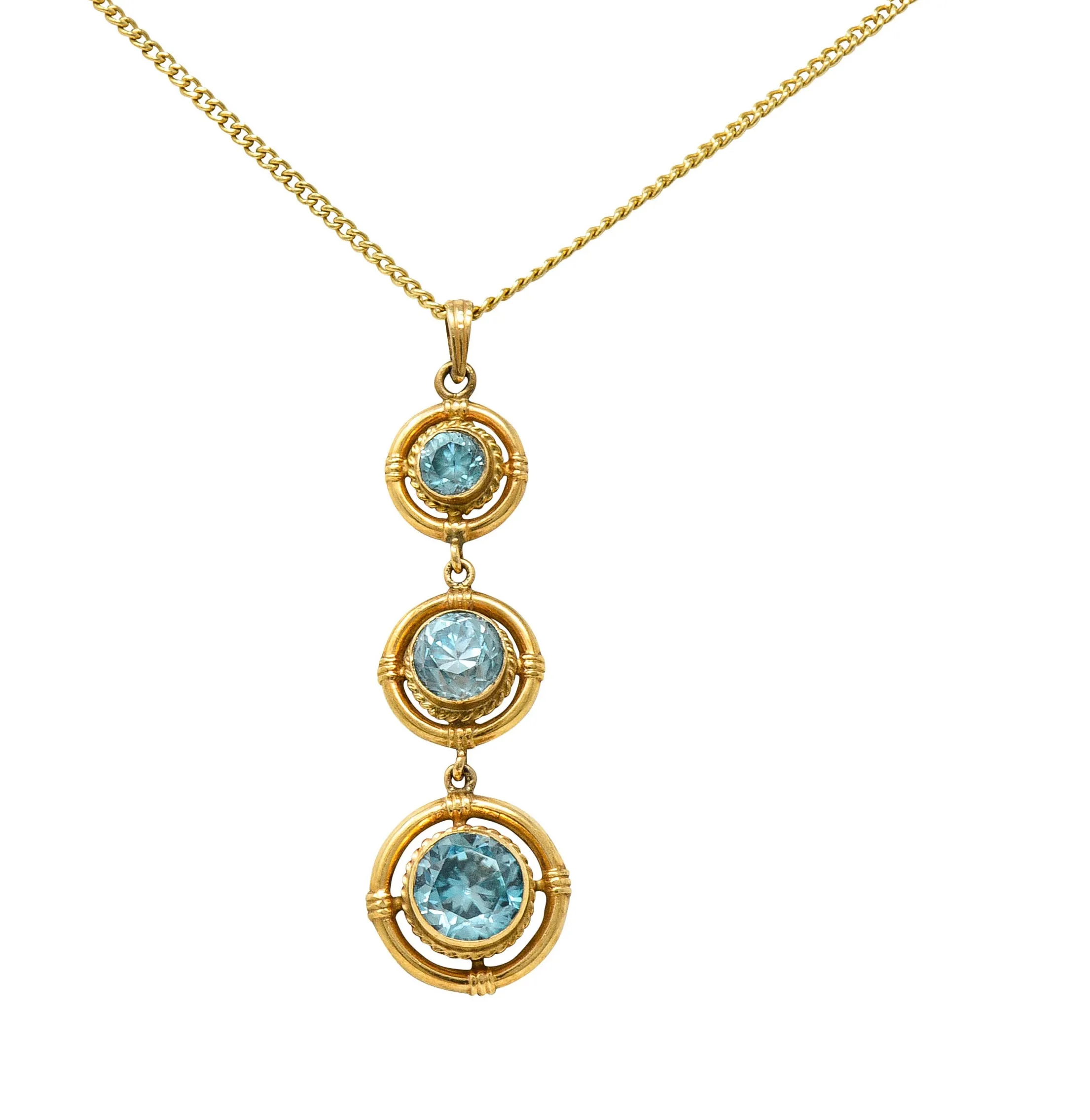 1930's Art Deco Blue Zircon 10 Karat Gold Drop Pendant Necklace