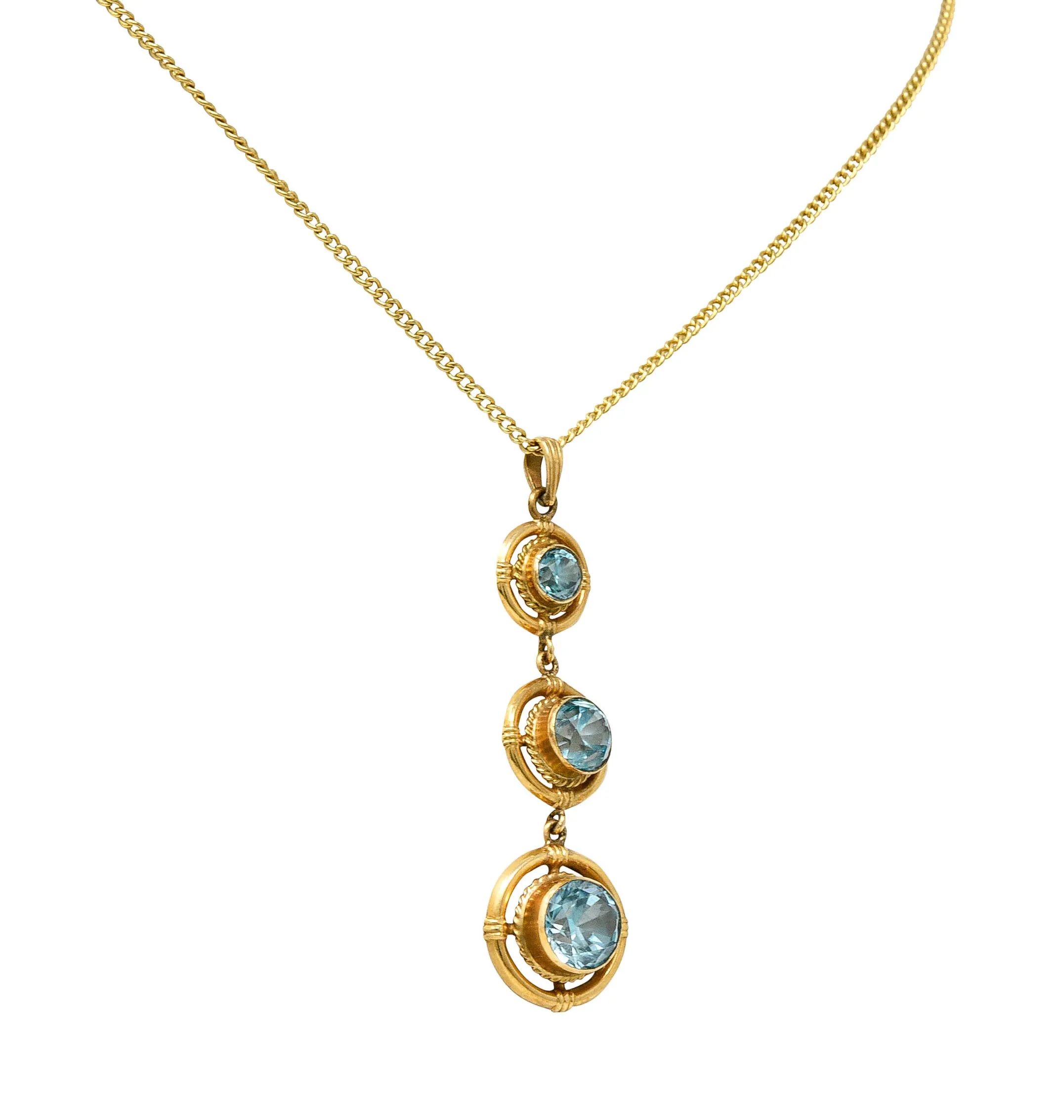 1930's Art Deco Blue Zircon 10 Karat Gold Drop Pendant Necklace