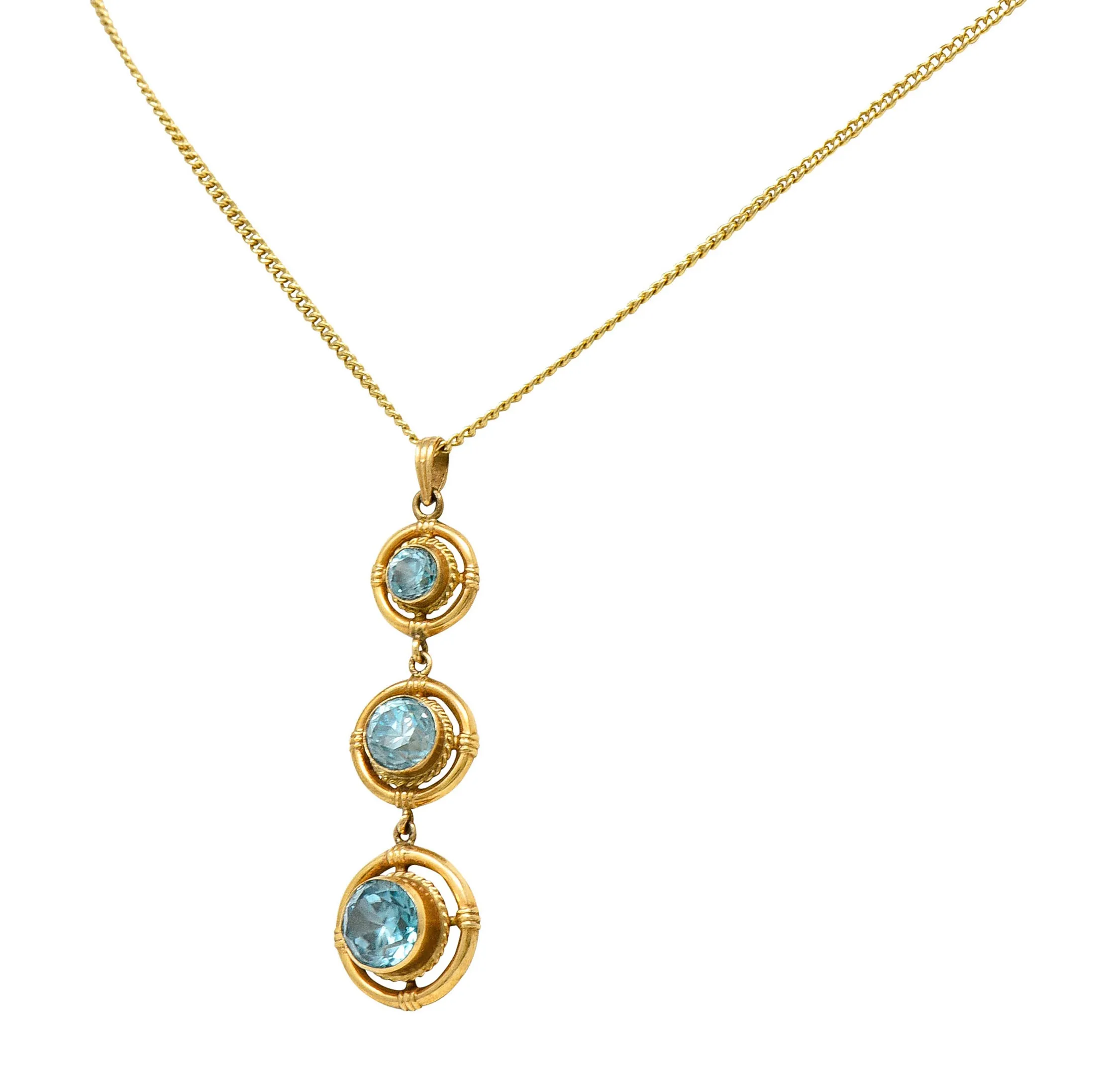 1930's Art Deco Blue Zircon 10 Karat Gold Drop Pendant Necklace