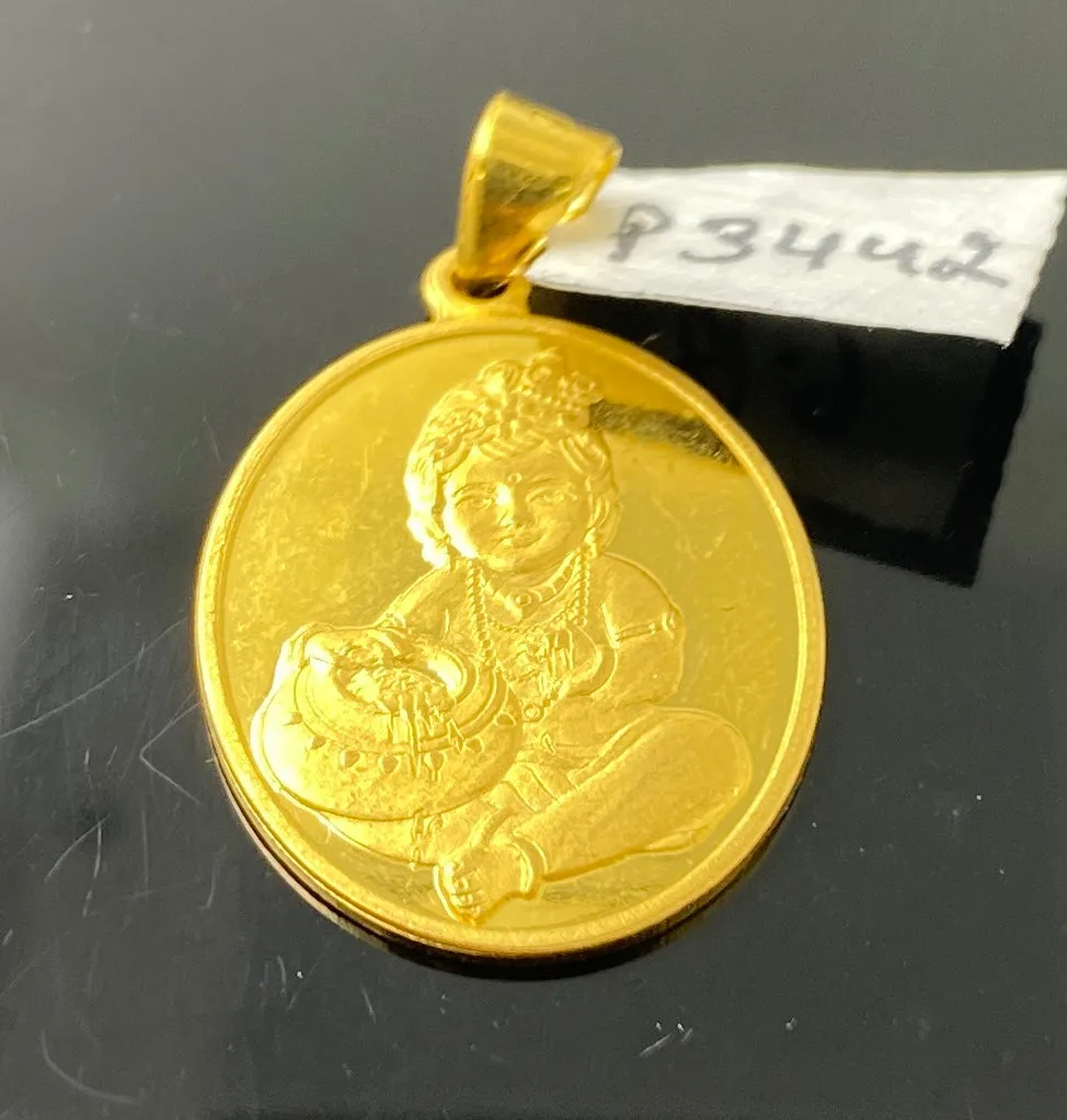 22k Solid Gold Simple Round Baby Krishna Pendant p3442