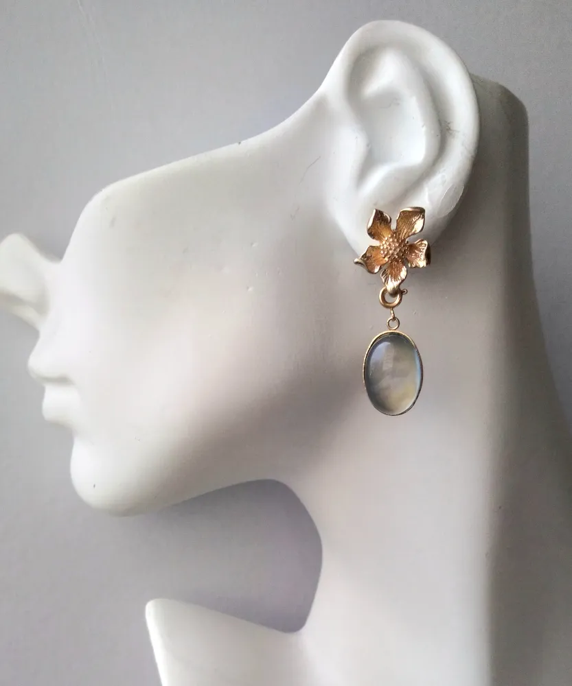 5 Petal Flower Brass Studs with Blue Grey Chalcedony Dangle