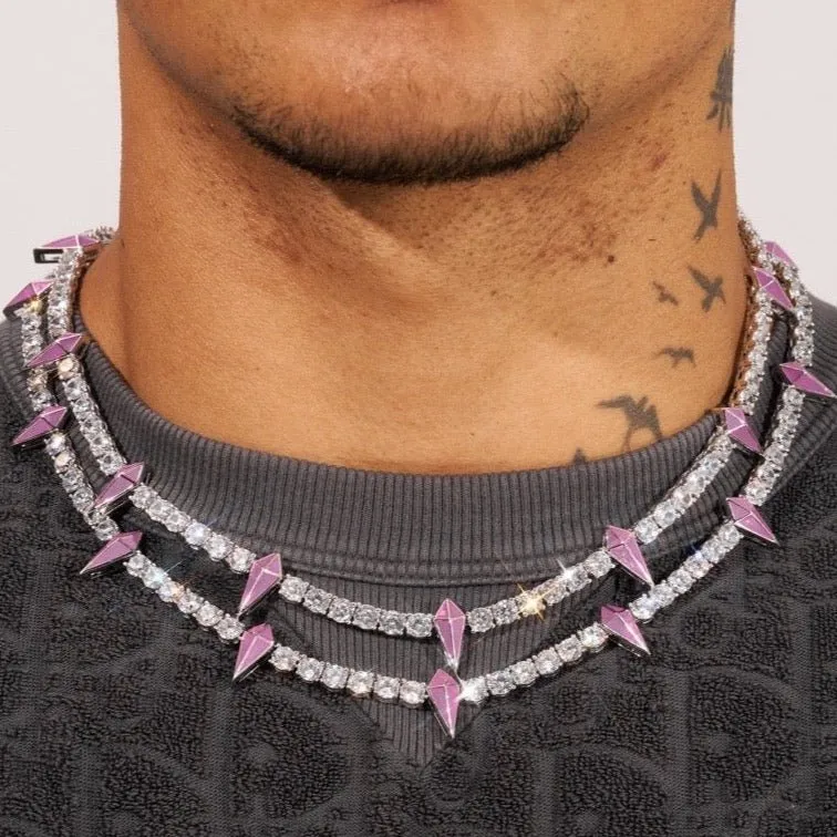 5mm PINK PAVE SPIKE TENNIS CHAIN - WHITE GOLD