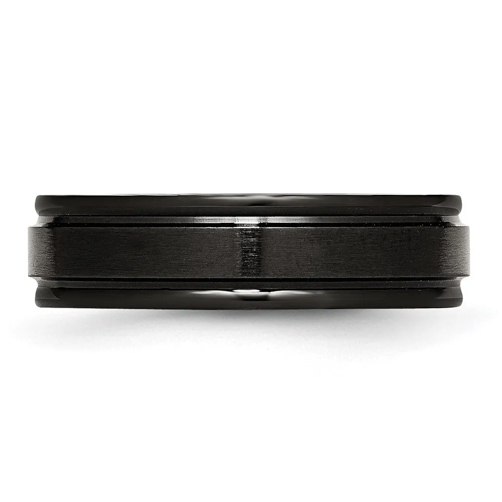 6mm Black Plated Stainless Steel Brushed Center Grooved Edges Band