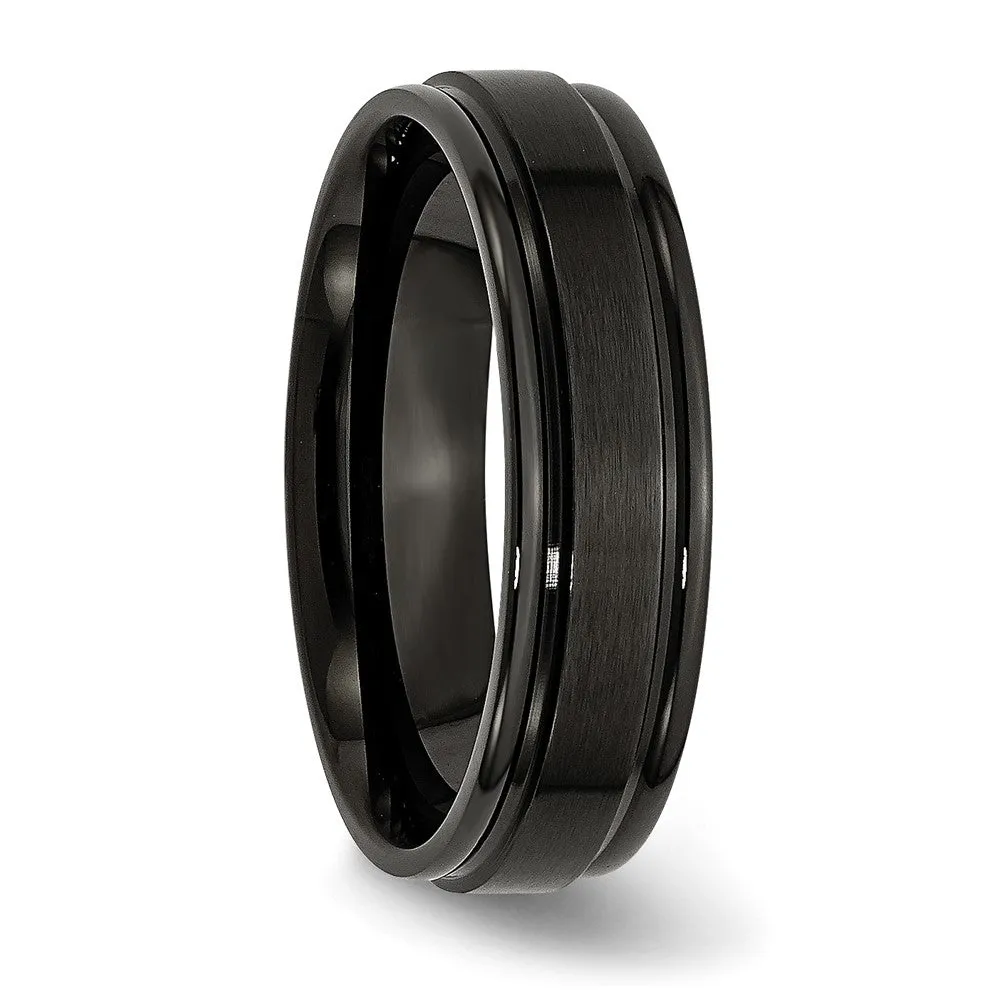 6mm Black Plated Stainless Steel Brushed Center Grooved Edges Band