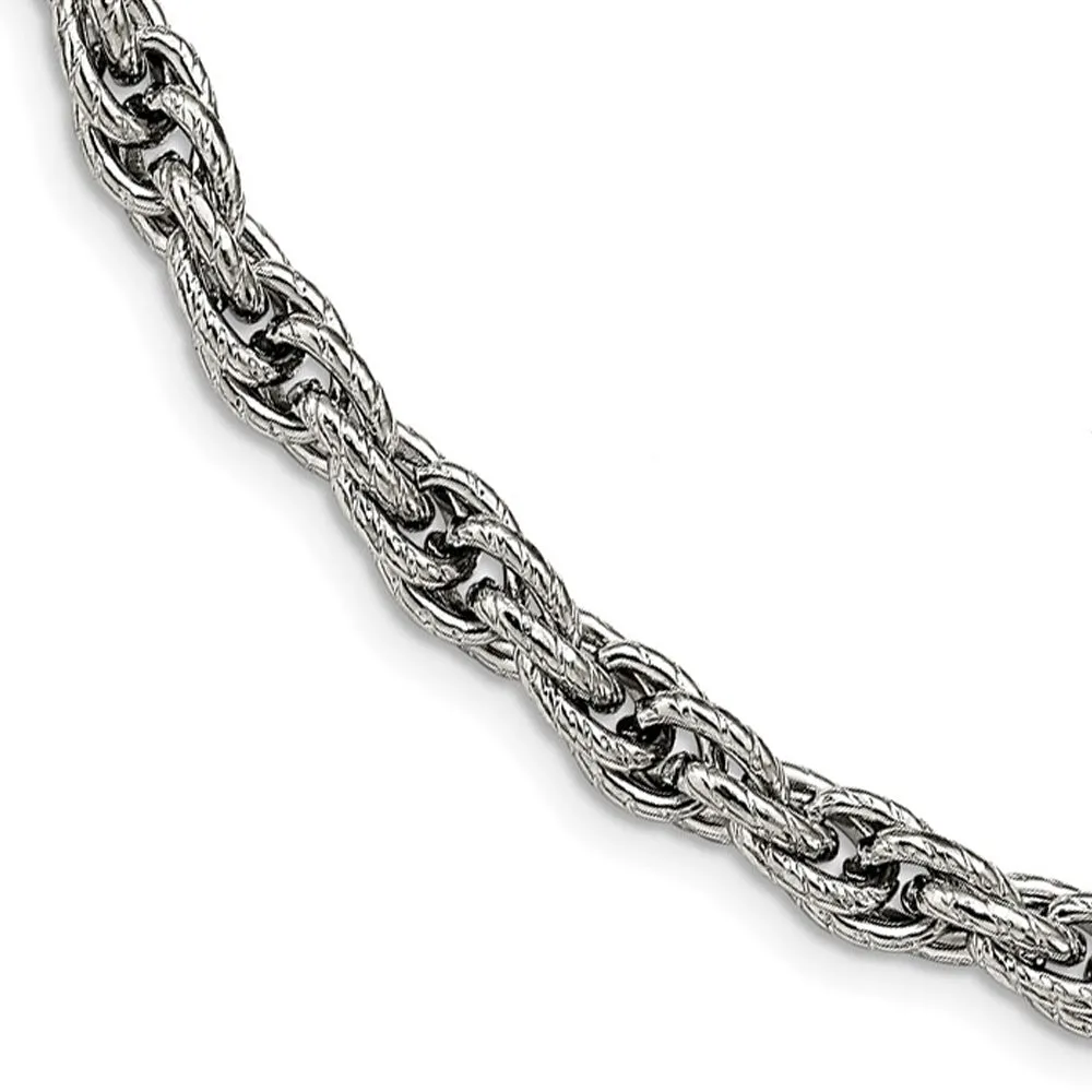 7.5mm Stainless Steel Textured Fancy Loose Rope Chain Necklace, 24 In