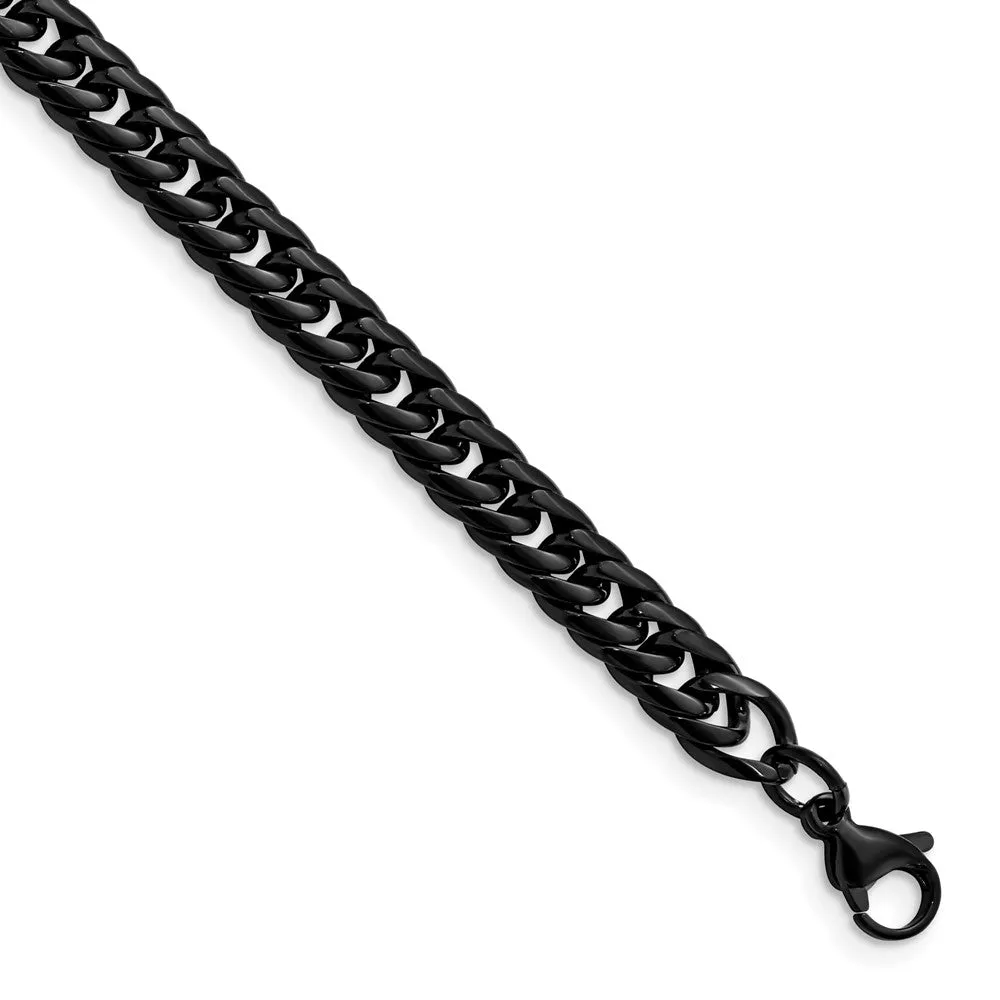 7mm Black Plated Stainless Steel Double Curb Chain Bracelet, 9 Inch