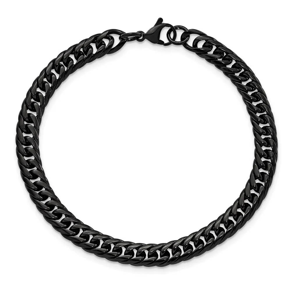 7mm Black Plated Stainless Steel Double Curb Chain Bracelet, 9 Inch