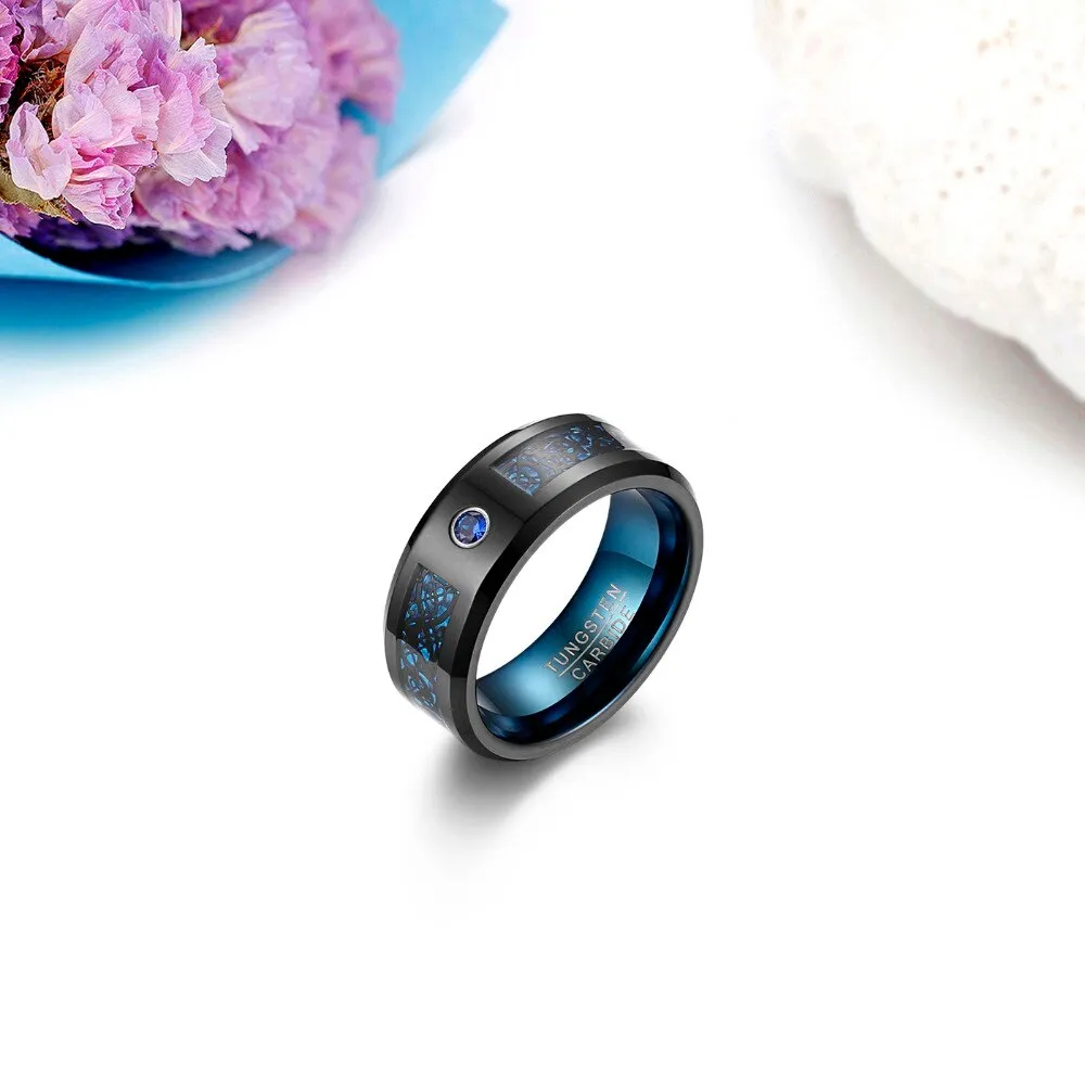 8MM Blue Crystal Tungsten Design Band Ring