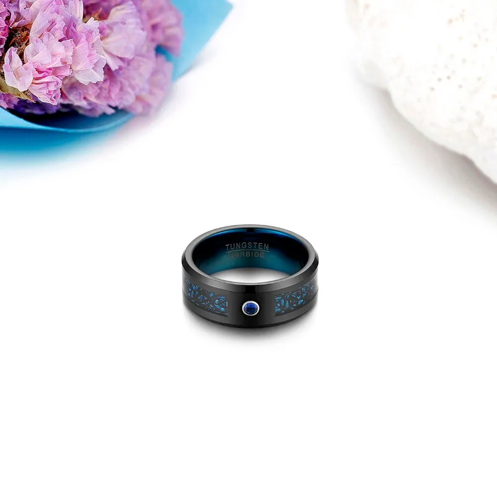 8MM Blue Crystal Tungsten Design Band Ring