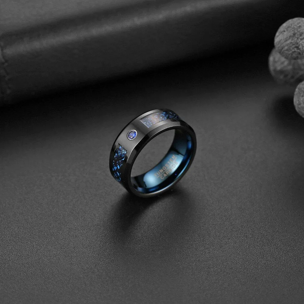 8MM Blue Crystal Tungsten Design Band Ring