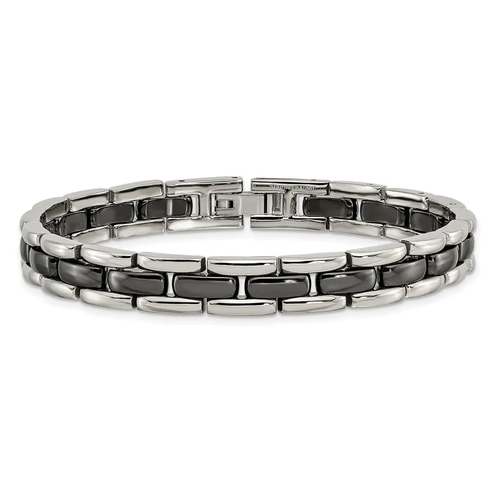 8mm Stainless Steel & Black Ceramic Panther Link Bracelet, 8 Inch