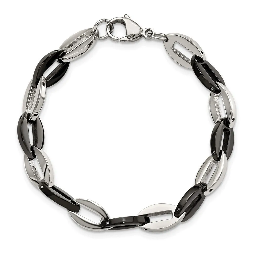 8mm Stainless Steel & Black Plated Oval Link Chain Bracelet, 7.5 Inch