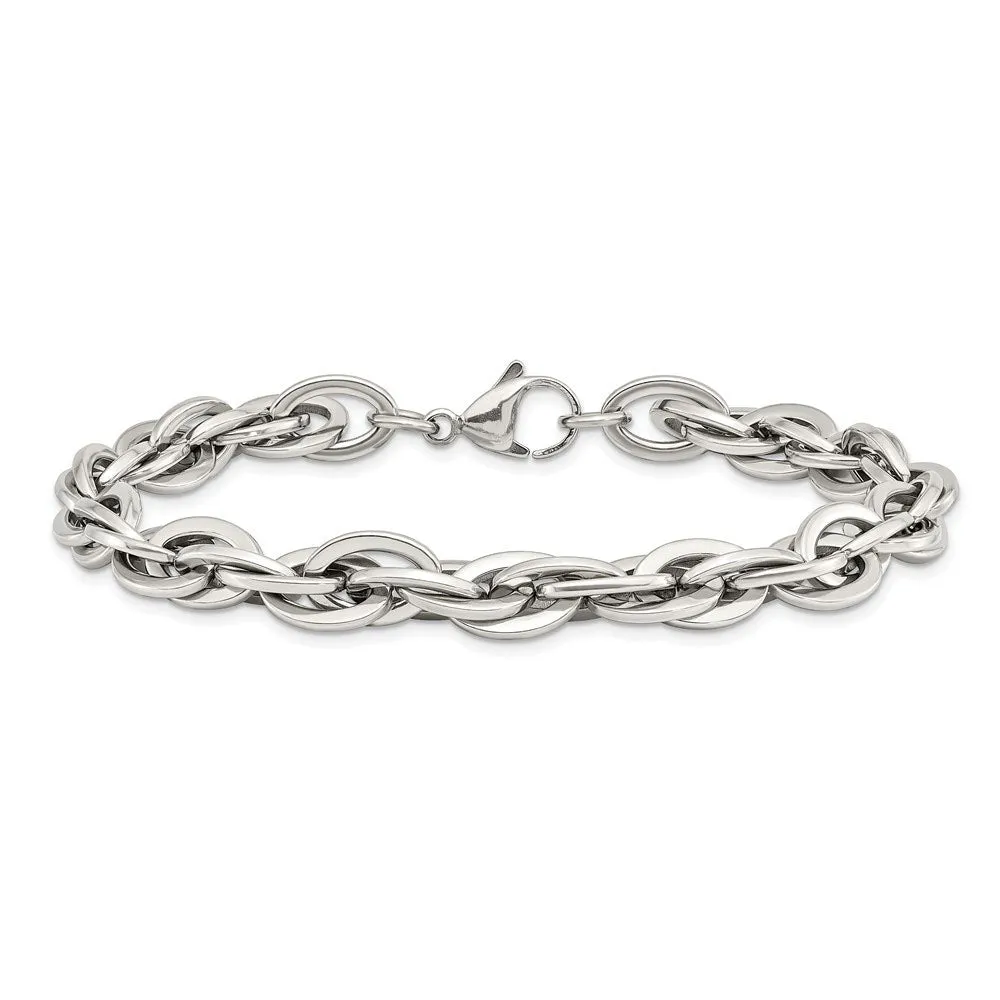 9mm Stainless Steel Polished Loose Rope Chain Bracelet, 8 Inch