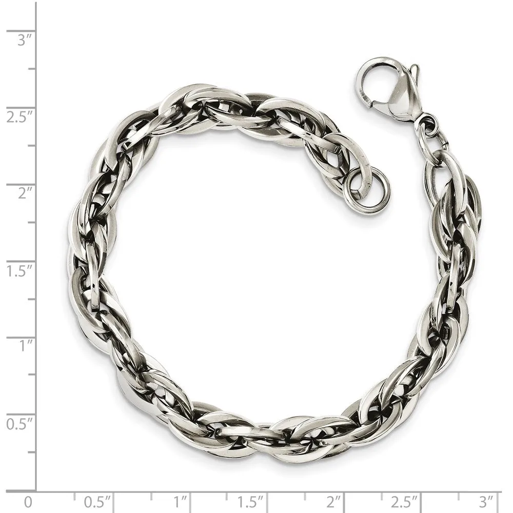 9mm Stainless Steel Polished Loose Rope Chain Bracelet, 8 Inch