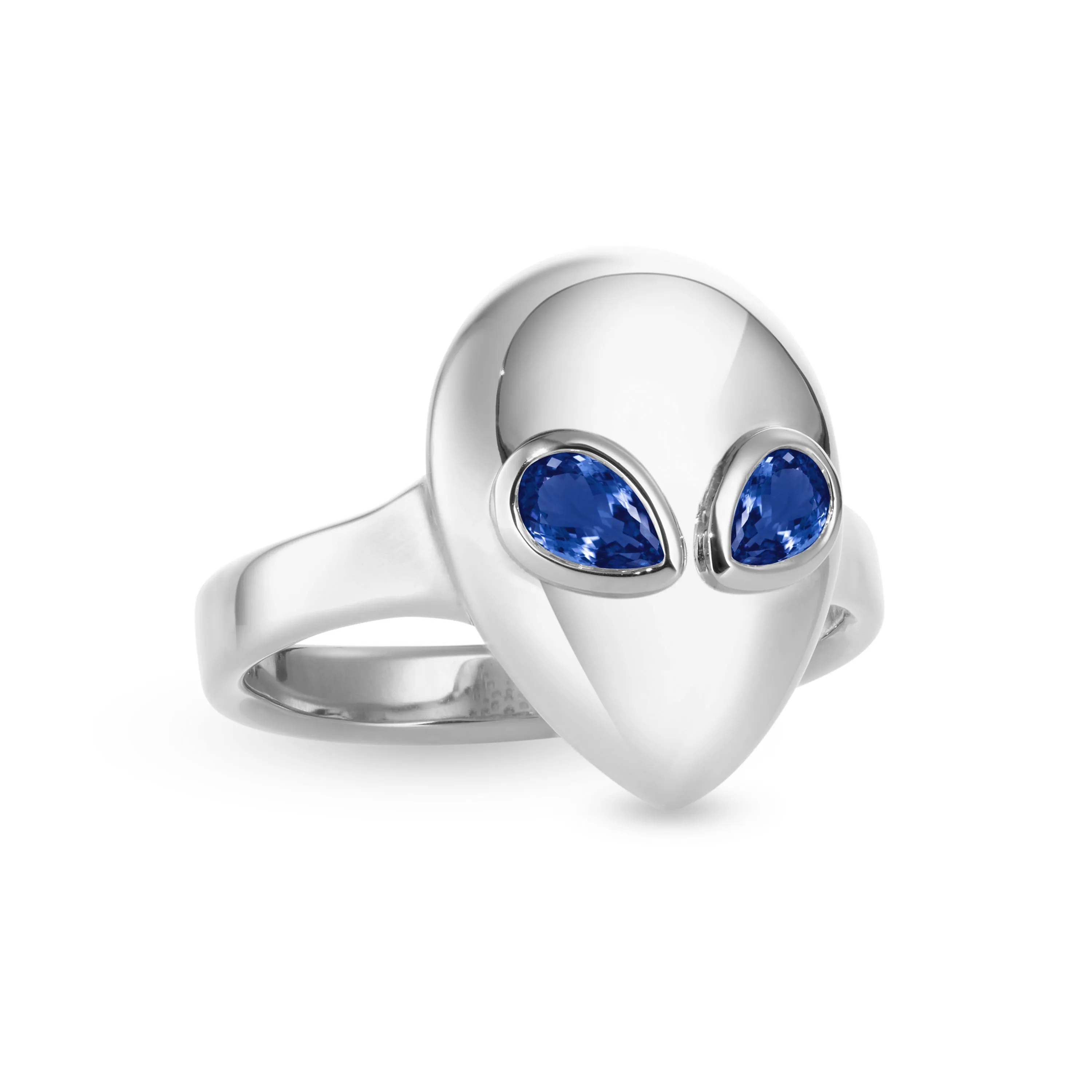 Alien pinky ring white gold with blue sapphire