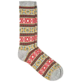 Anonymous Ism Fair Isle Crew SockLight Grey & Red