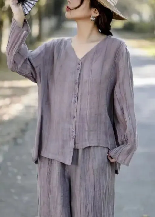 Art Grey Asymmetrical Wrinkled Linen Two Pieces Set Spring HA1028