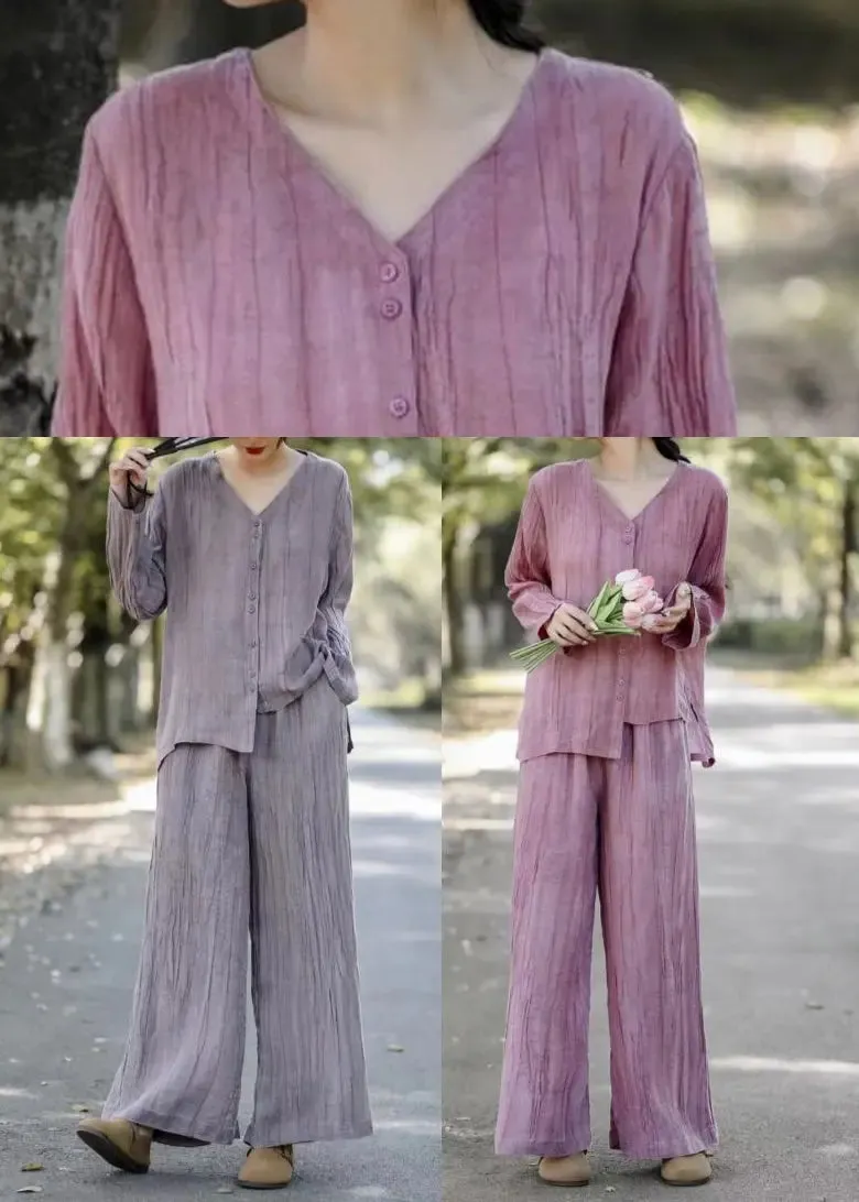 Art Grey Asymmetrical Wrinkled Linen Two Pieces Set Spring HA1028