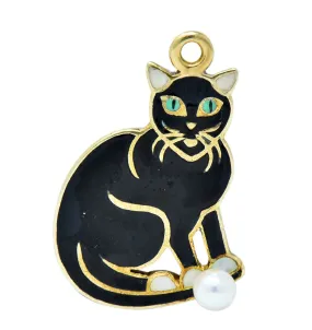 Art Nouveau Pearl Enamel 14 Karat Gold Cat Charm