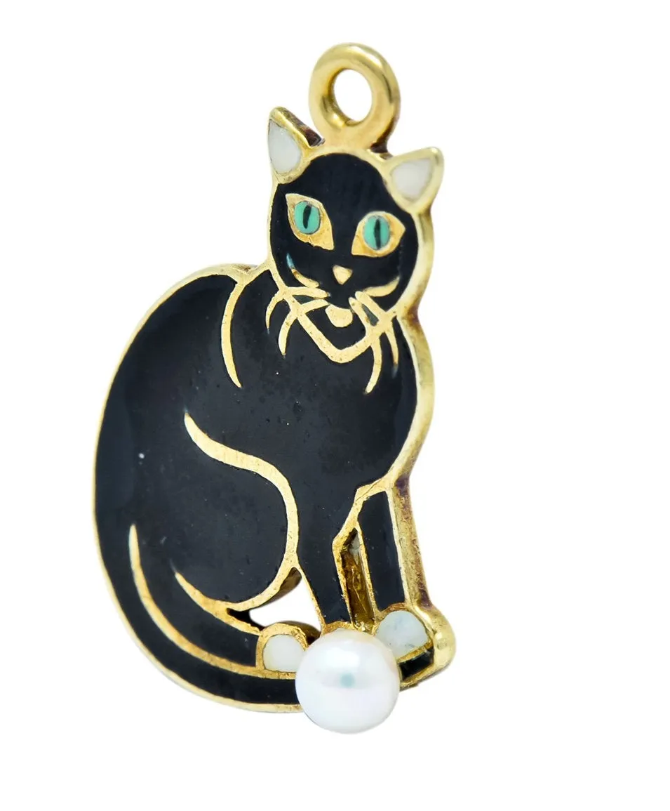 Art Nouveau Pearl Enamel 14 Karat Gold Cat Charm