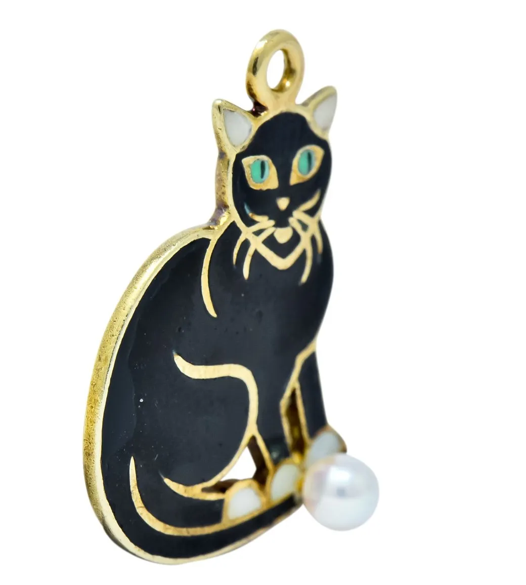 Art Nouveau Pearl Enamel 14 Karat Gold Cat Charm