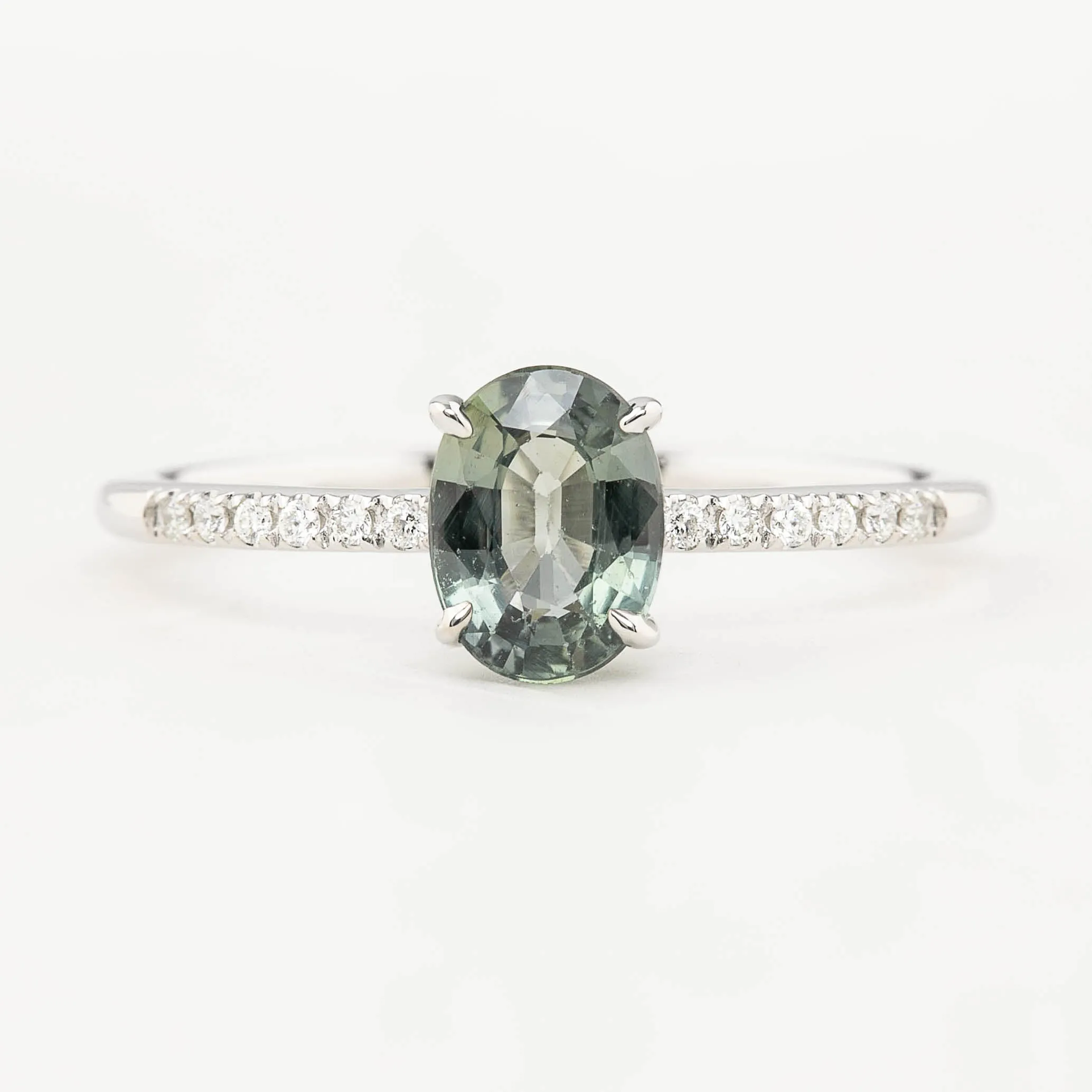 Audrey Ring - 1.01ct Light Green Unheated Sapphire, 14k White Gold (One of a kind)