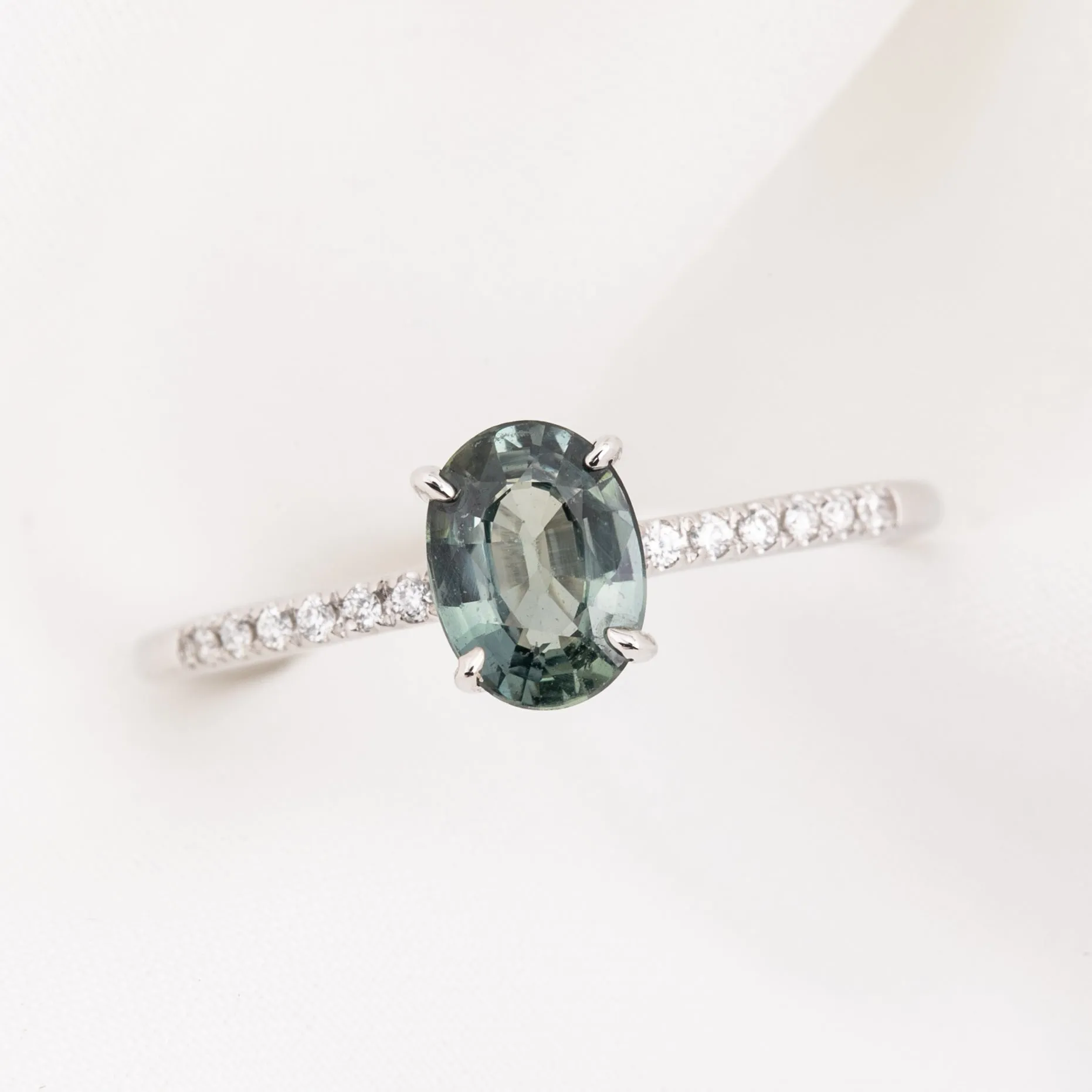 Audrey Ring - 1.01ct Light Green Unheated Sapphire, 14k White Gold (One of a kind)