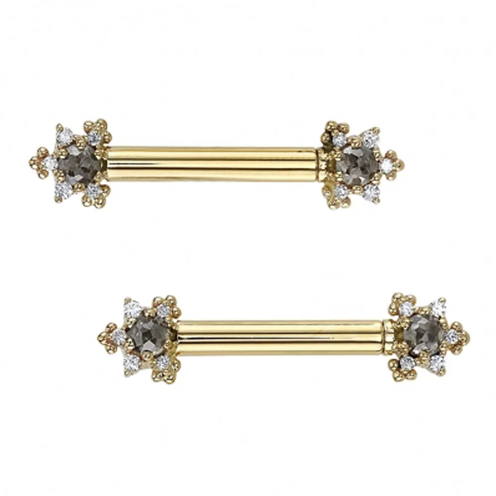 Bayle Forward Facing Nipple Barbells in Gold with Rose Cut Grey Diamond & DIAMONDS