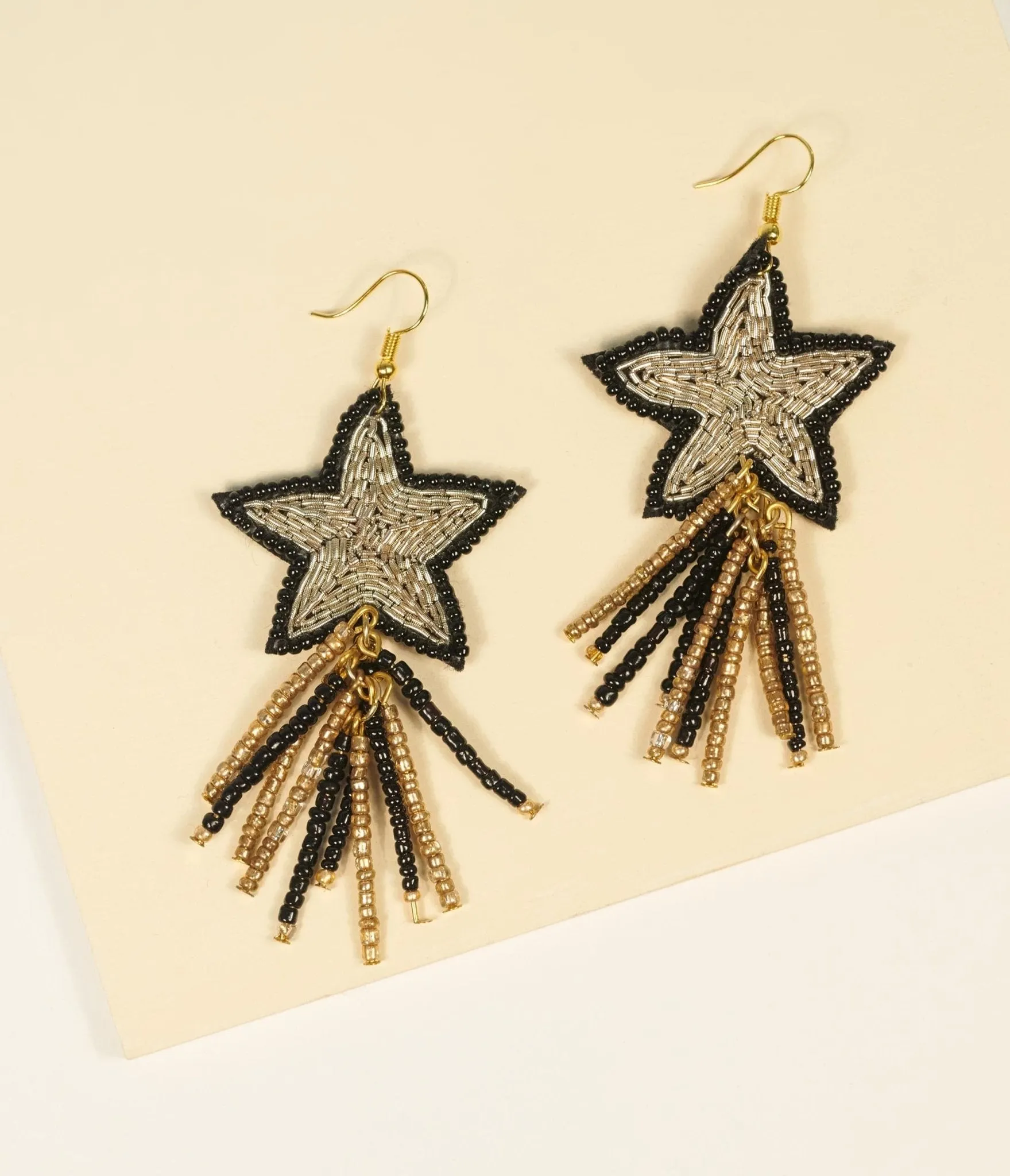 Black & Gold Beaded Star Earrings