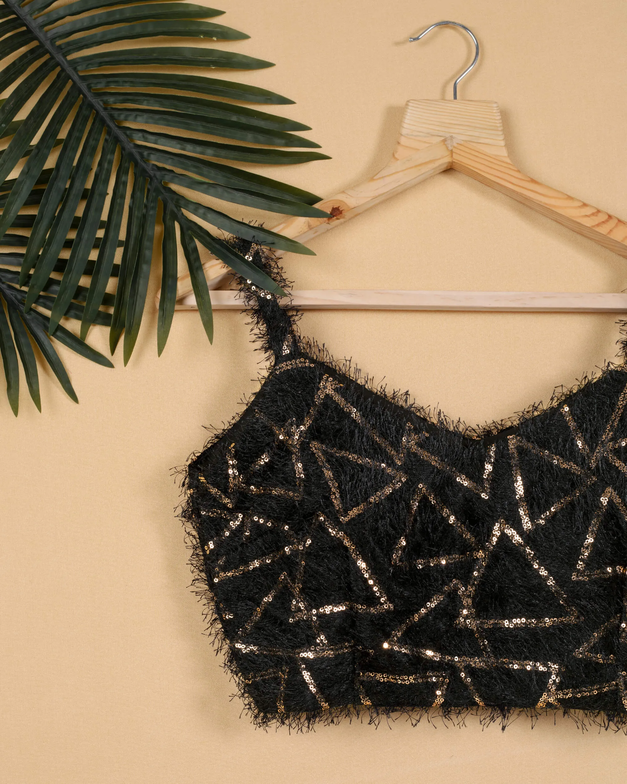 Black Triangle Sequins Fur Strappy Blouse