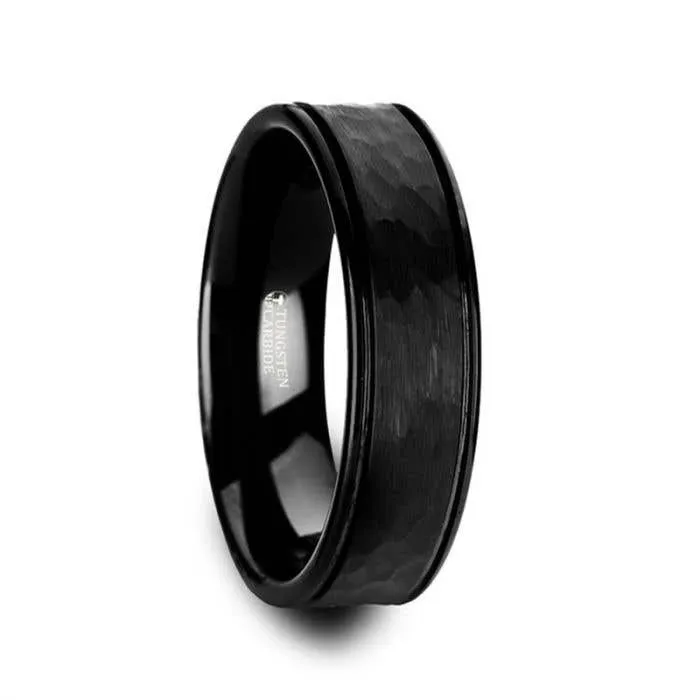 Black Tungsten Carbide Band with Hammered Finish and Dual Offset Grooves