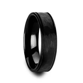 Black Tungsten Carbide Band with Hammered Finish and Dual Offset Grooves