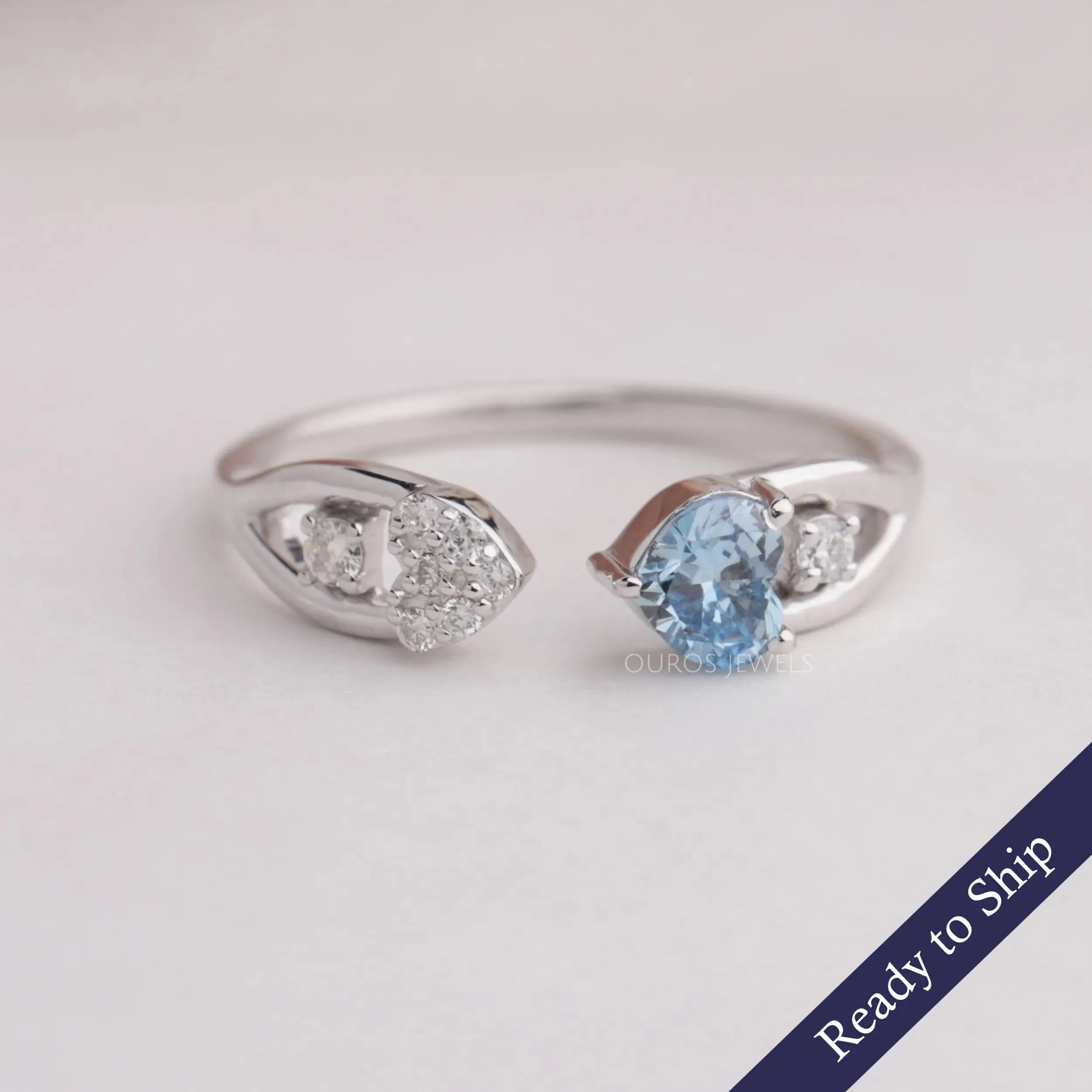 Blue Heart Cut Lab Diamond Open Cuff Dainty Ring